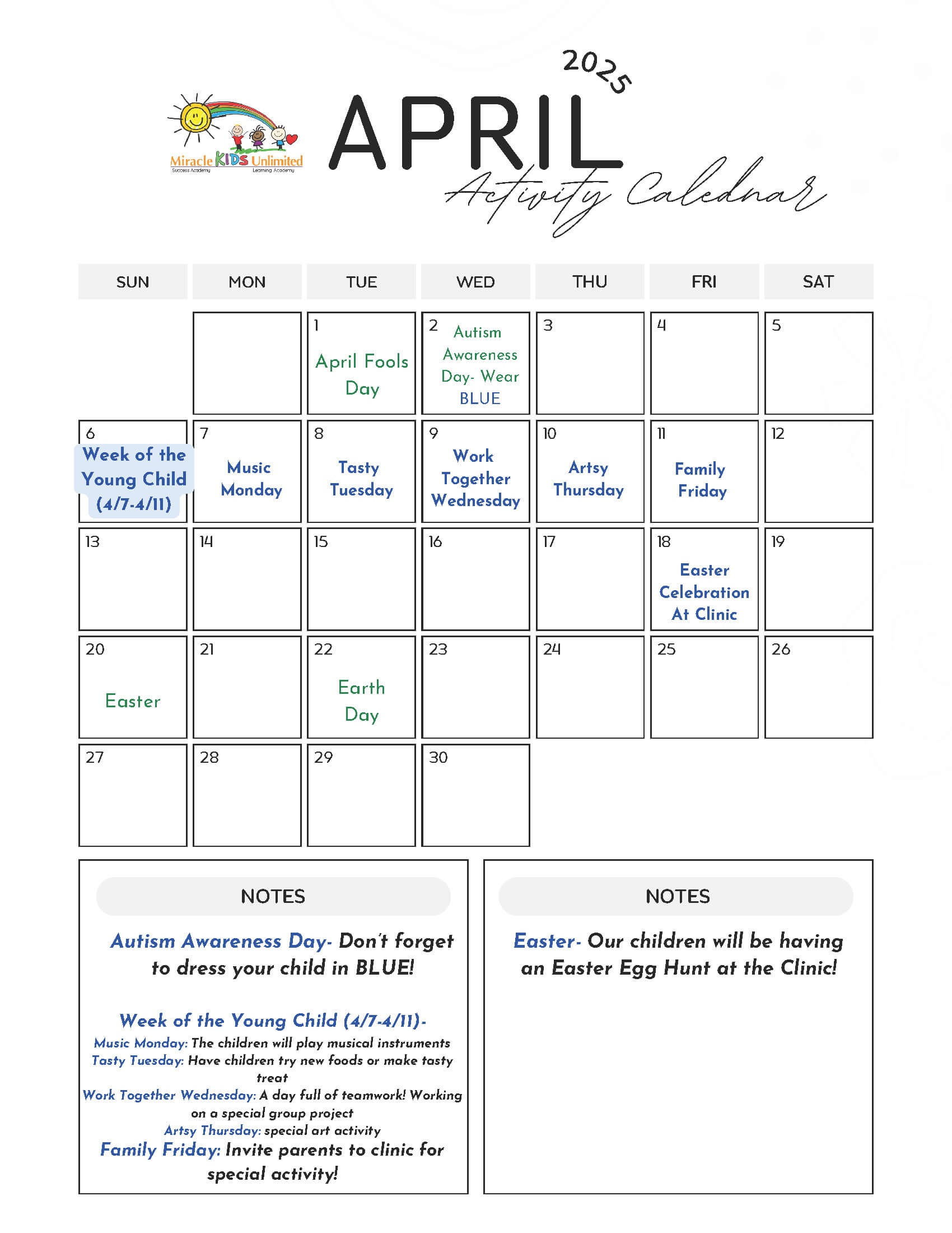 April Activity Calendar