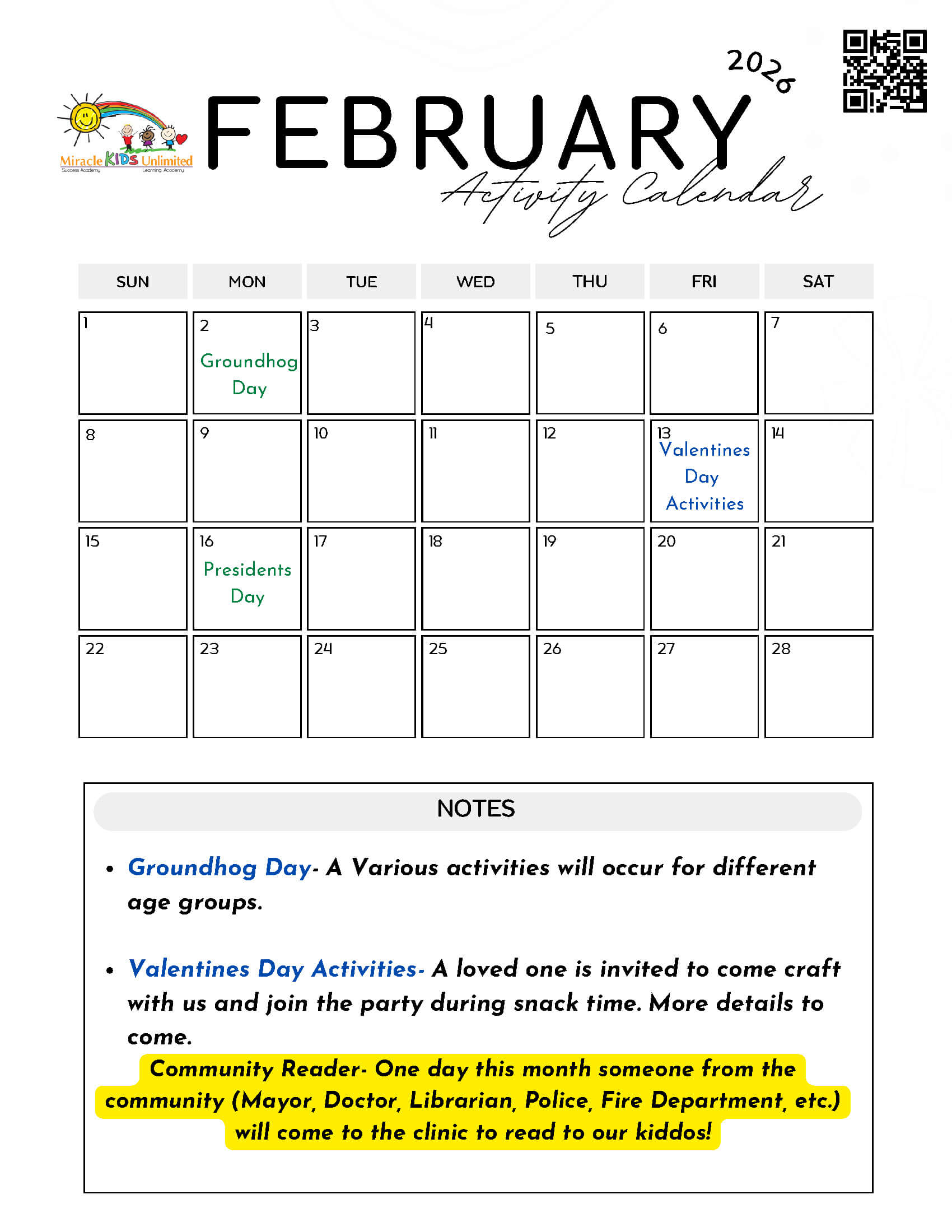February Activity Calendar