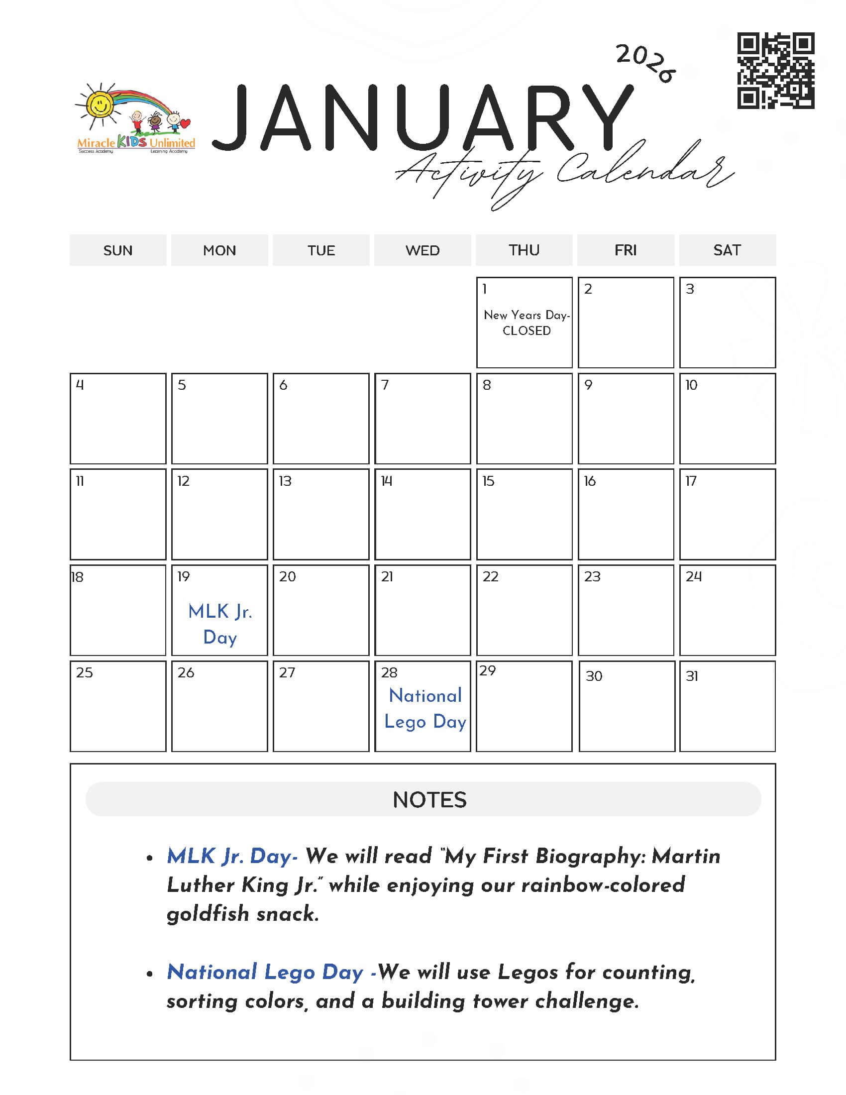 January Activity Calendar