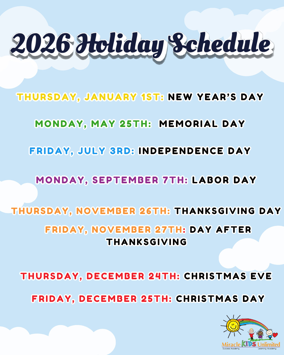 2026 Holiday Calendar