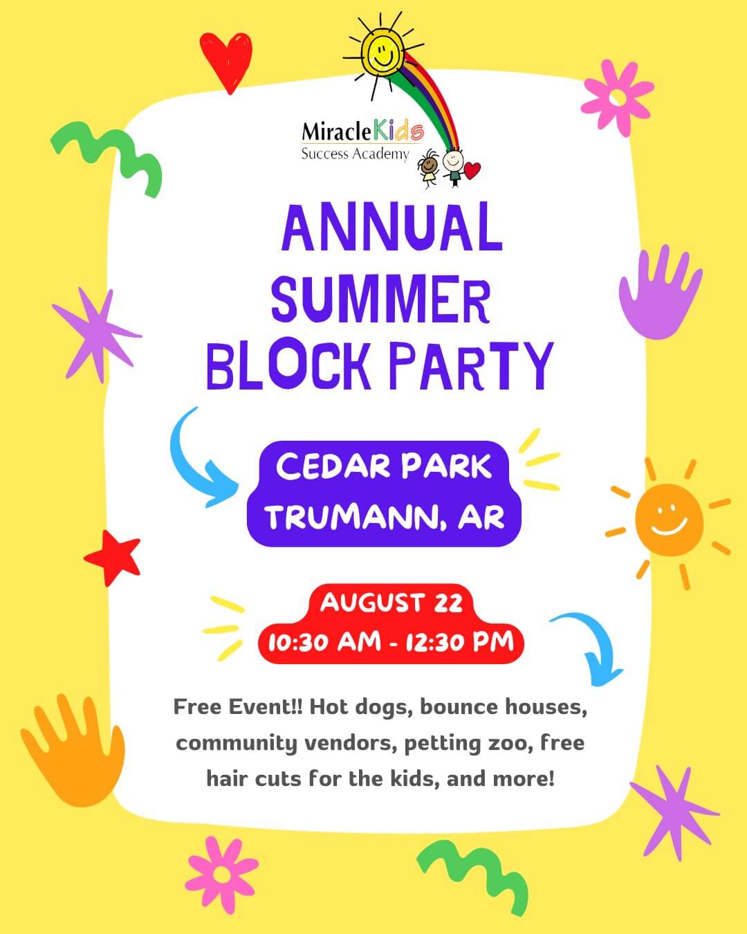 Free Event August 22, 2026 Annual Summer Block Party at Cedar Park in Trumann, Arkansas from 10:30 AM to 12:30 PM.