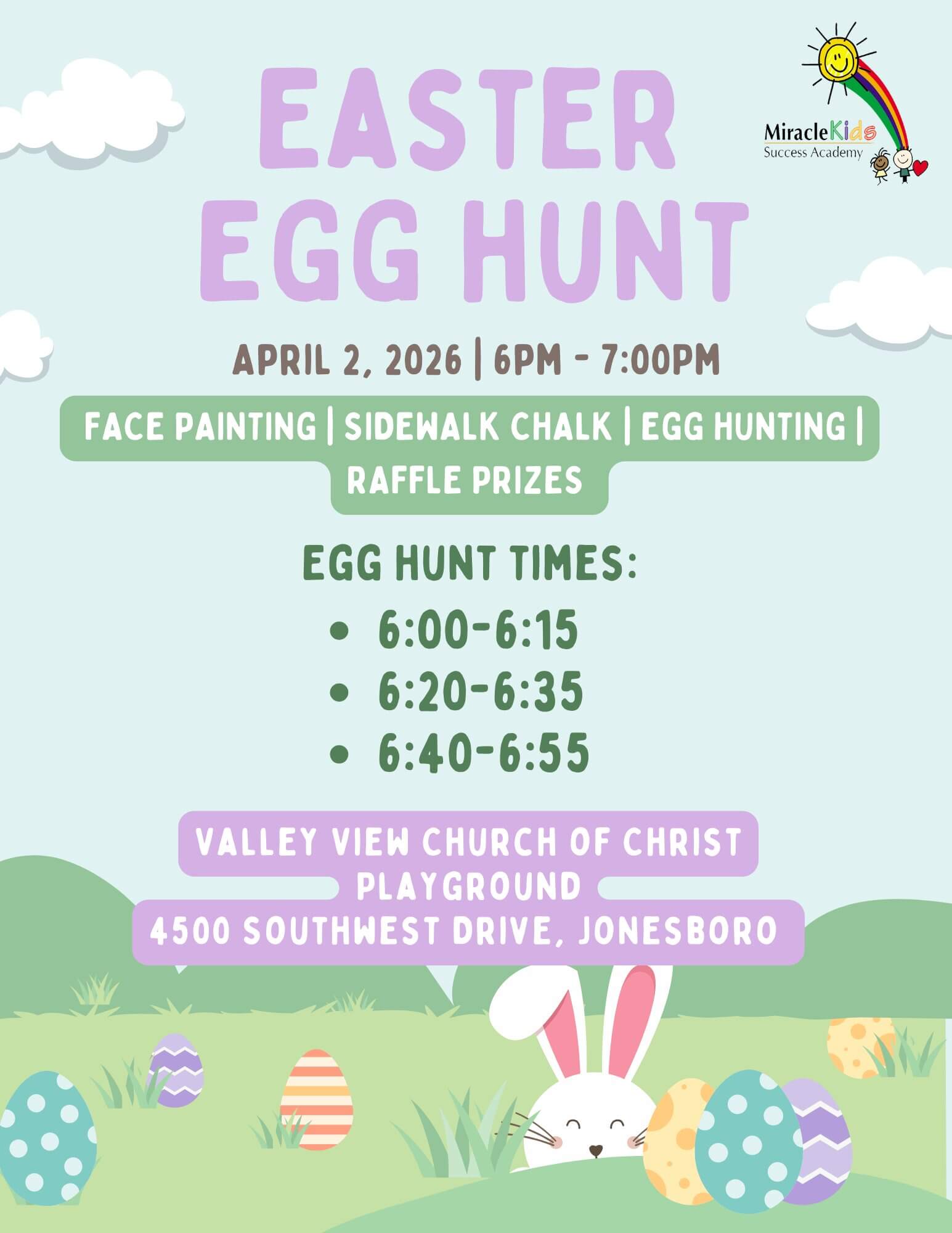 April 2, 2026 Easter Egg Hunt. 4500 Southwest Dr. Jonesboro, AR